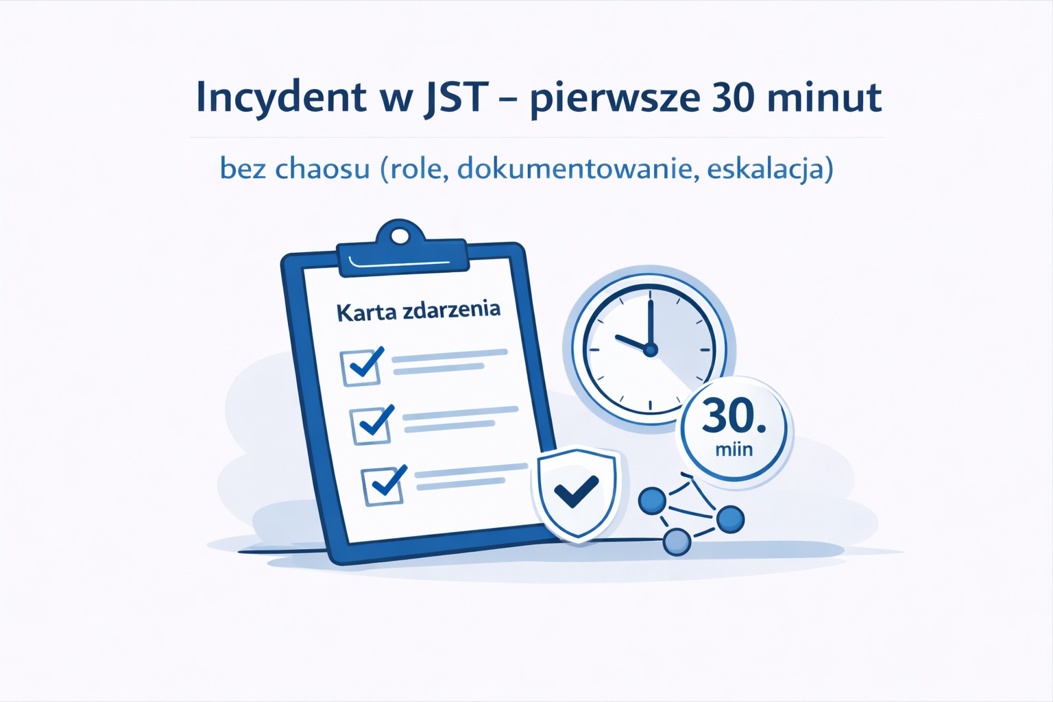 Ilustracja: karta zdarzenia i checklista pierwszych 30 minut incydentu w JST.