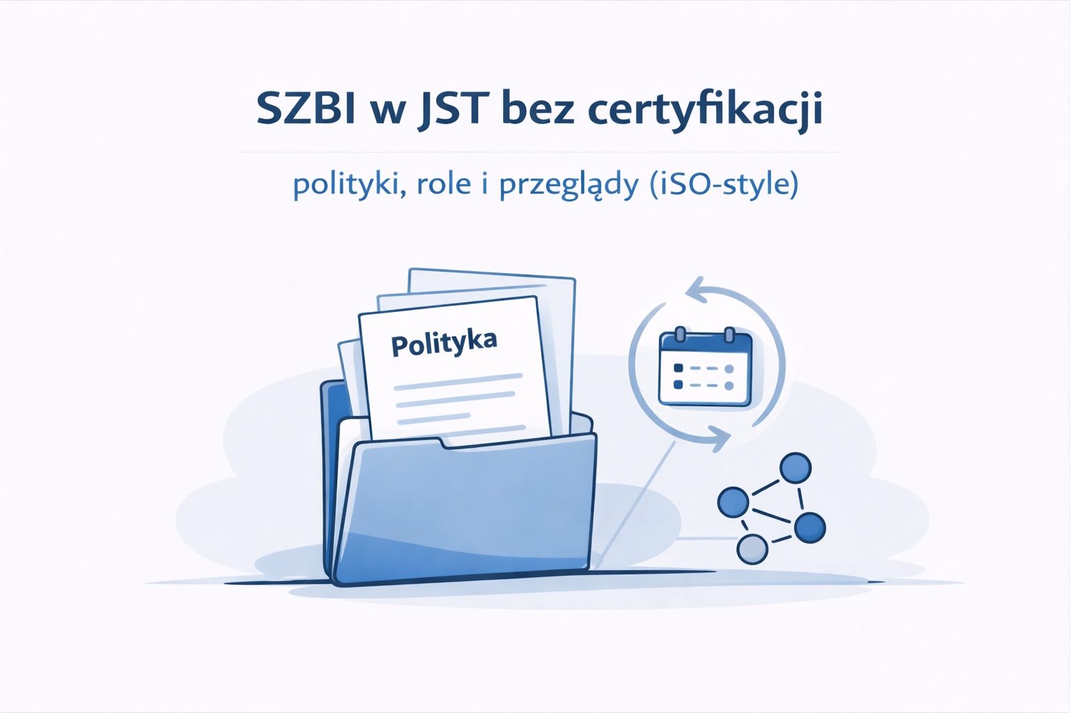 Ilustracja: SZBI w JST z politykami, rolami i cyklem przeglądów bezpieczeństwa informacji.